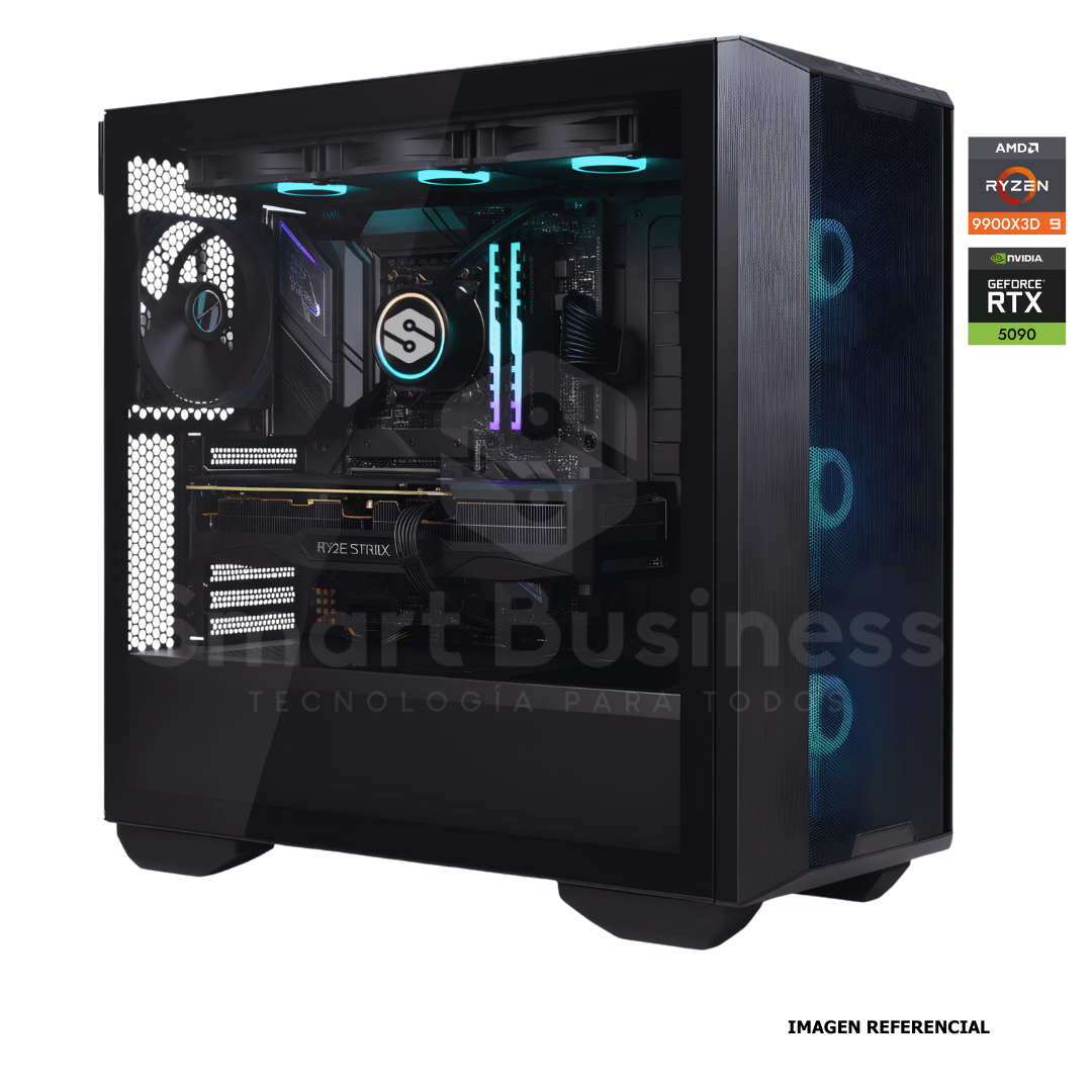 Workstation profesional · Ryzen 9900X3D 4.4ghz · Chipset ROG STRIX B850 - E · RTX 5090 32GB PCIe 5.0· 128GB (4X32GB) DDR5 CL32/6400MHZ · 2TB NVMe M.2/PCIe - 14000 MB/S · Fuente 1300W 80+ GOLD · AIO 360mm PCW0731 - SMART BUSINESS