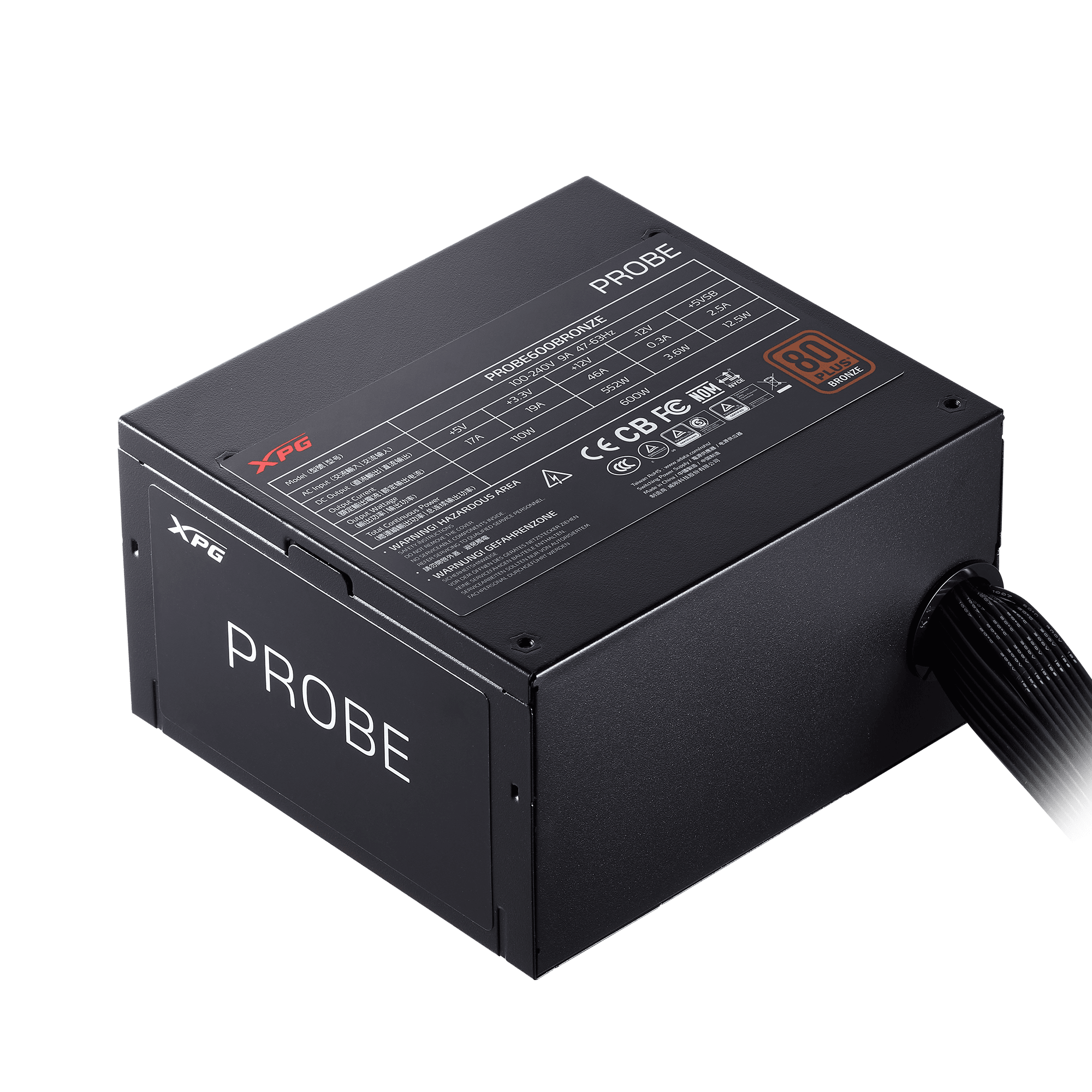 Fuente XPG PROBE 600W PROBE600B-BKCUS vista de etiqueta eléctrica de 600 W