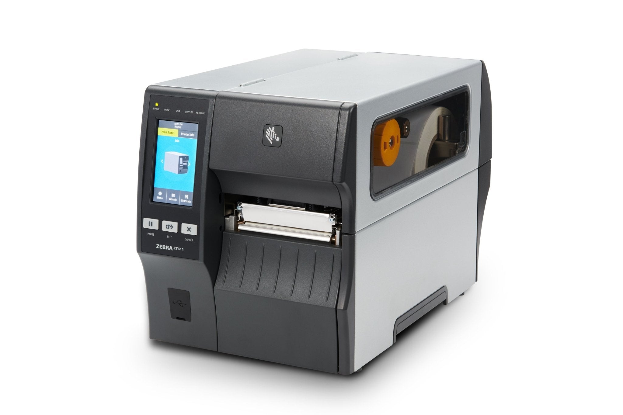 Impresora Zebra ZT411 ZT41142-T010000Z vista frontal y lateral con ventana de consumibles