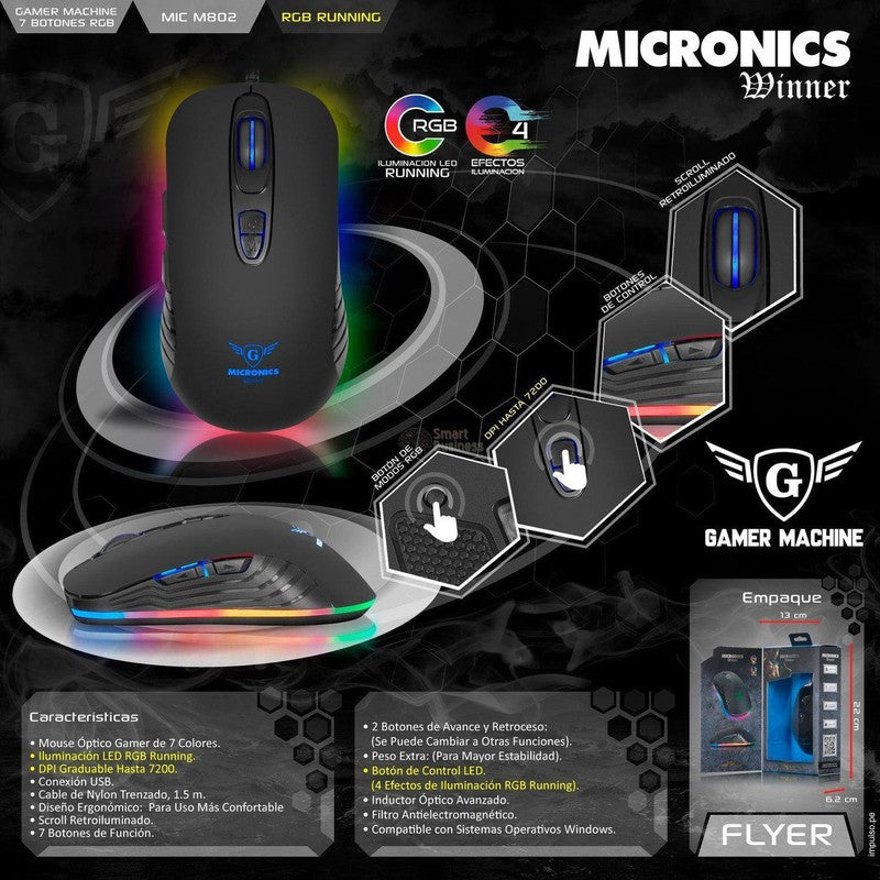 MIC M802-MOUSE GAMER WINNER MIC M802 USB RGB RUNNING 7B 3200DPI-MICRONICS-SMART BUSINESS STORE