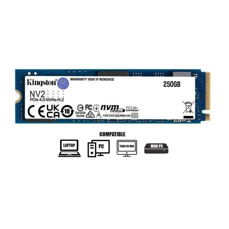 Disco Solido Ssd M.2 Pcie Kingston 250Gb Nv2, 2280, Gen4, Nvme, Unidad Interna De Estado Solido, Para Pc, Laptop, Lectura 3000Mb/S (Snv2S/250G) - SMART BUSINESS
