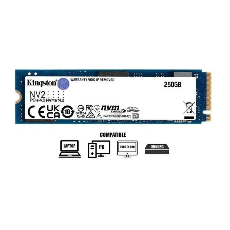 Disco Solido Ssd M.2 Pcie Kingston 250Gb Nv2, 2280, Gen4, Nvme, Unidad Interna De Estado Solido, Para Pc, Laptop, Lectura 3000Mb/S (Snv2S/250G) - SMART BUSINESS