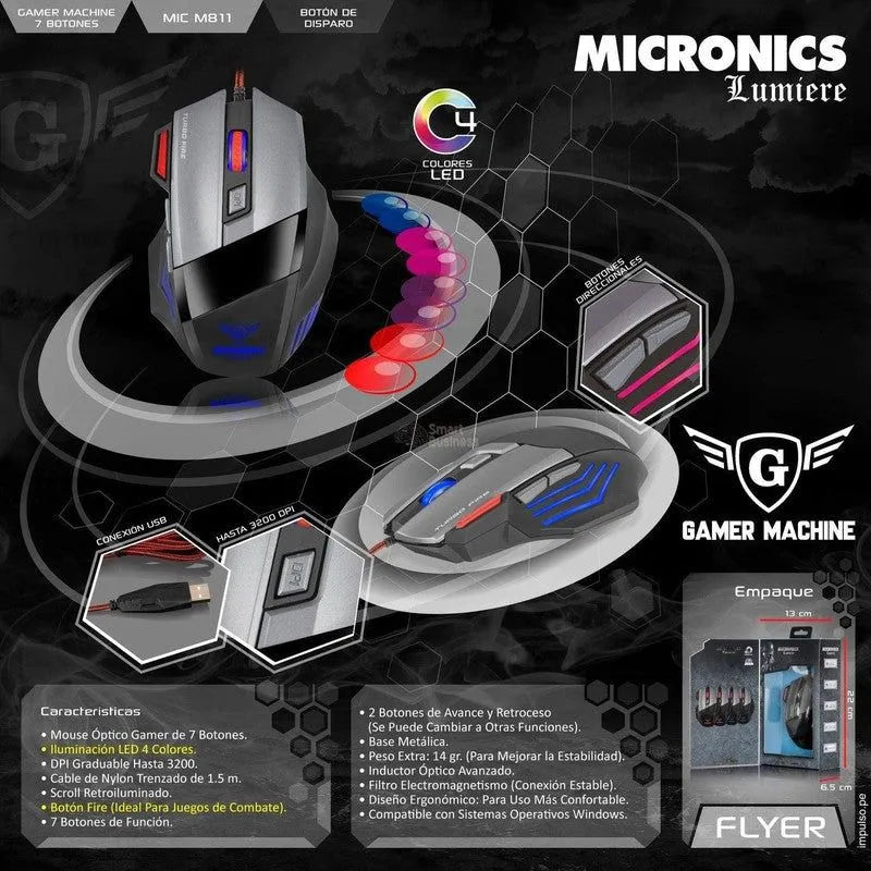 Mouse Gamer Lumiere Mic M811 Usb 4Leds 7B 3200Dpi - SMART BUSINESS