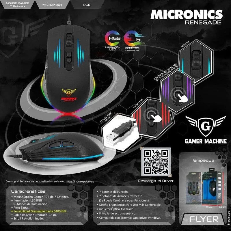 Mouse Gamer Renegade Mic Gm801 Usb Rgb 7B 6400Dpi - SMART BUSINESS