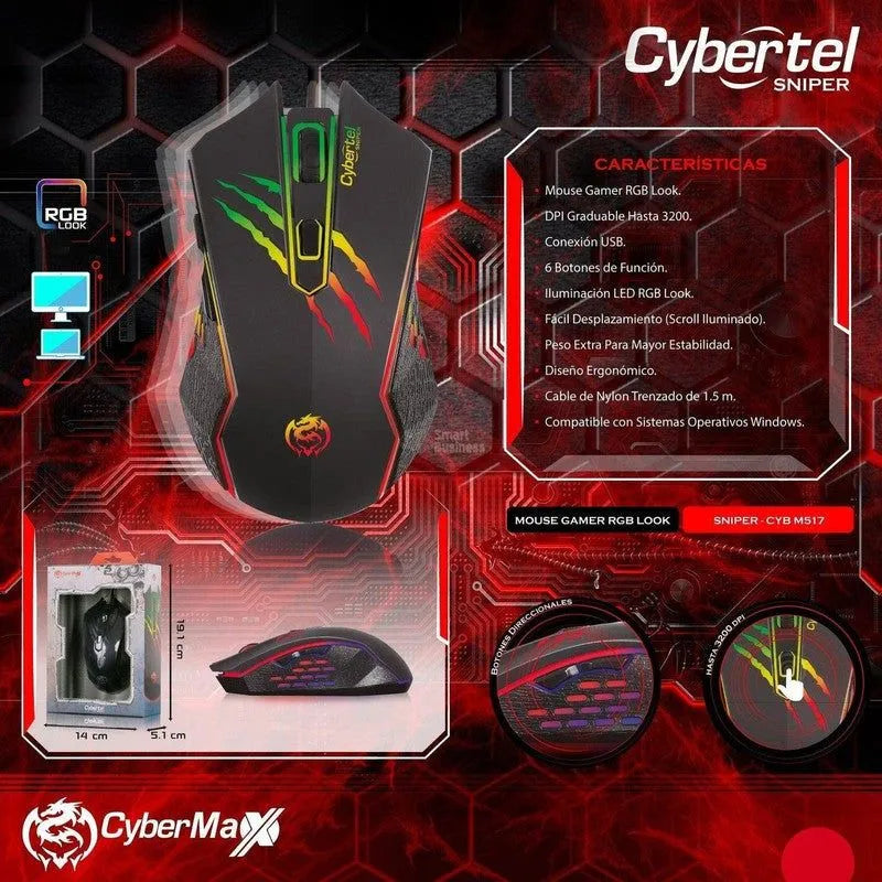 Mouse Gamer Sniper Cyb M517 Usb Rgb 3200Dpi Cybertel - SMART BUSINESS