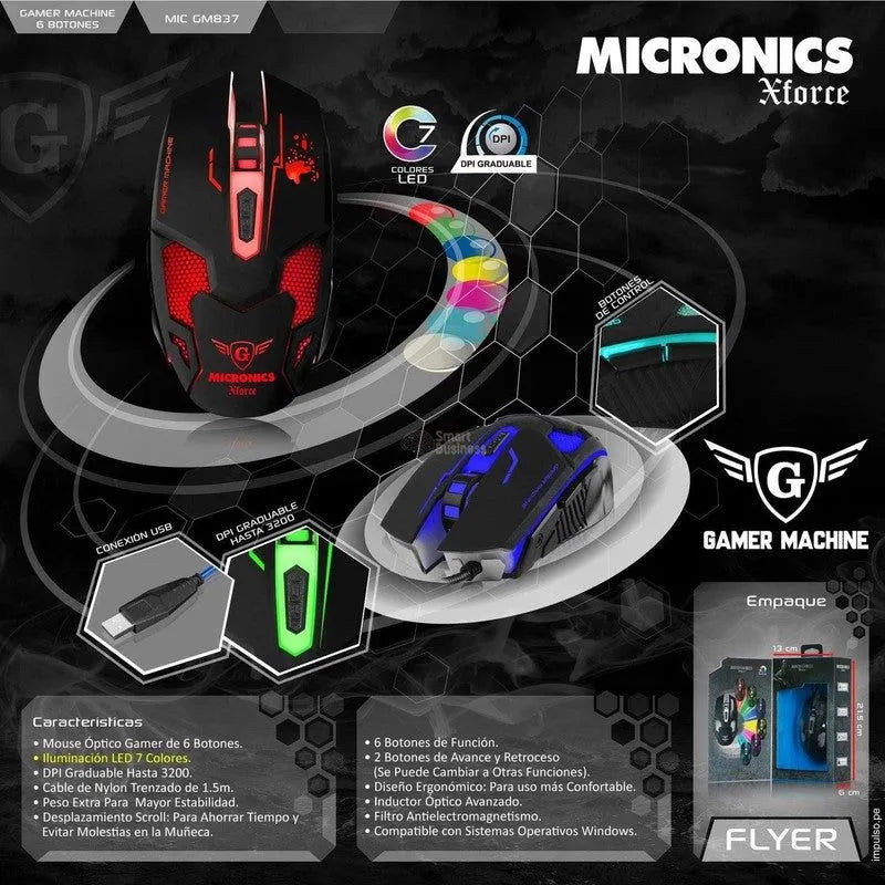 Mouse Gamer Xforce Mic M837 Usb 7Leds 6B 3200Dpi - SMART BUSINESS