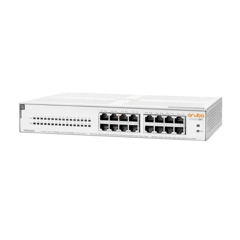 SWITCH ARUBA GIGABIT ETHERNET INSTANT ON 1430 16G, 16 PUERTOS POE 10/100/1000MBPS, 124W, 32 GBIT/S, 8.192 ENTRADAS - NO ADMINISTRABLE - SMART BUSINESS